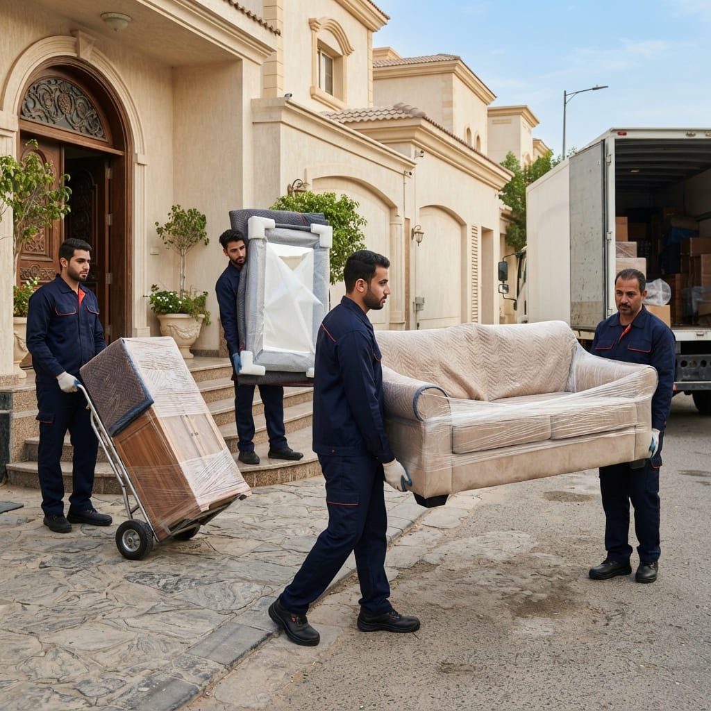عمال روعة الأسطول ينقلون أثاثًا مغلّفًا من منزل في الرياض